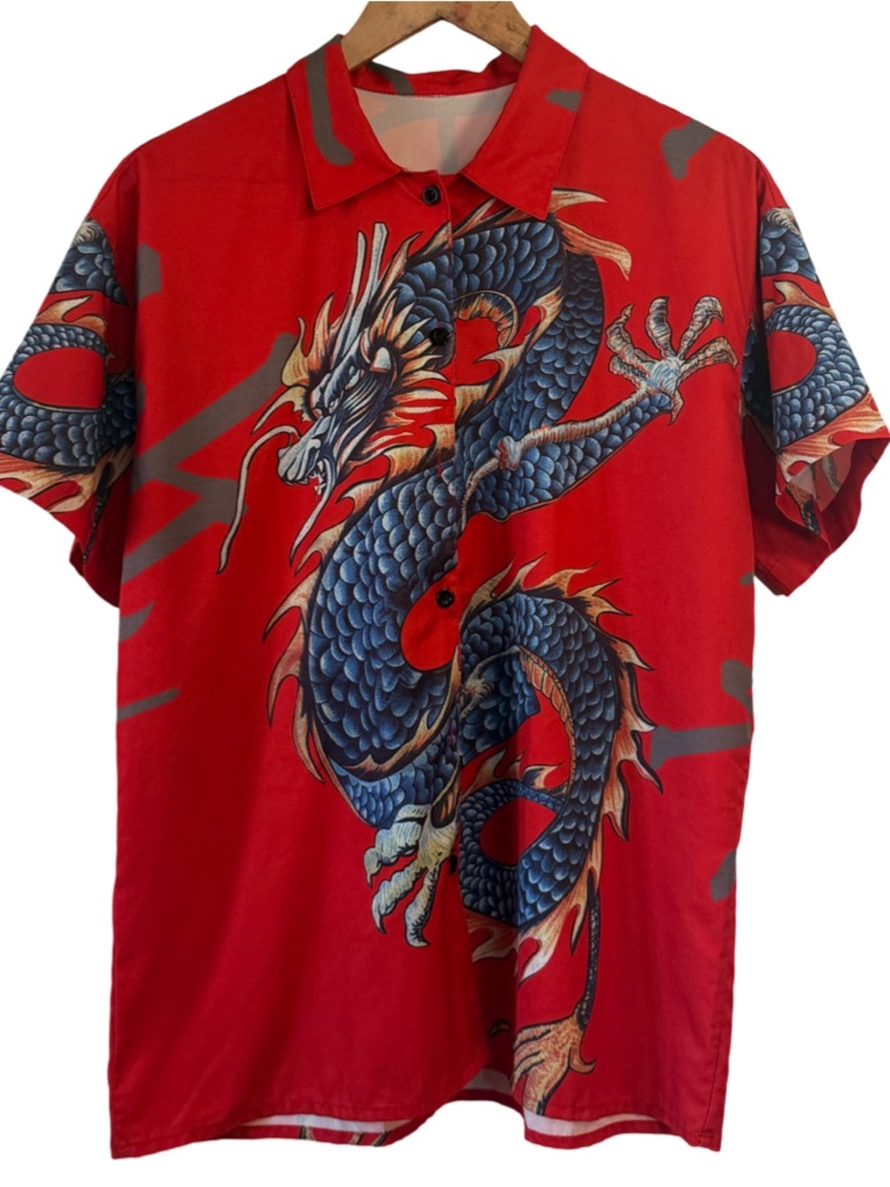 Red Dragon Print Short-Sleeve Button-Up Shirt